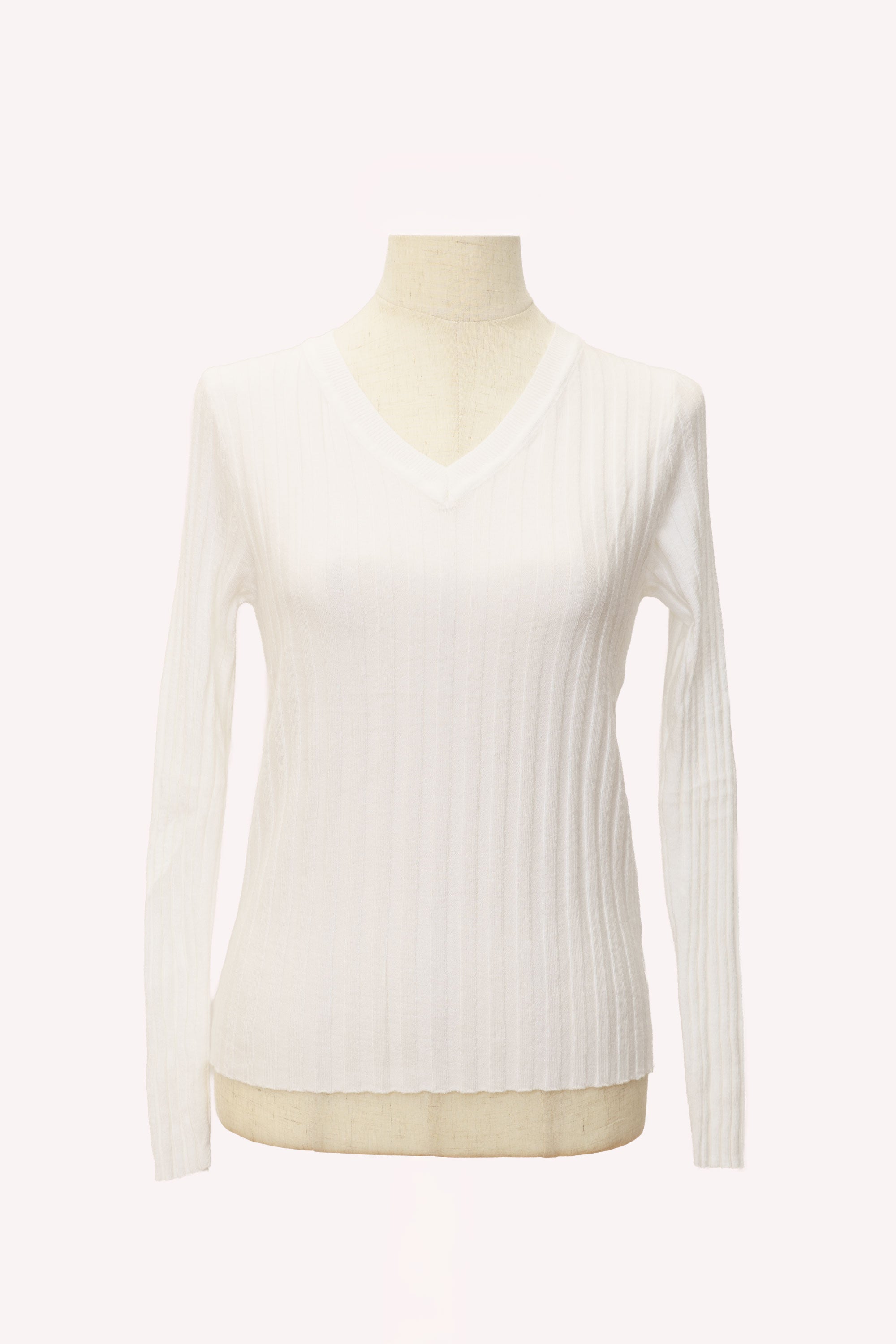 Jersey de punto blanco canalé cuello pico manga larga para mujer
