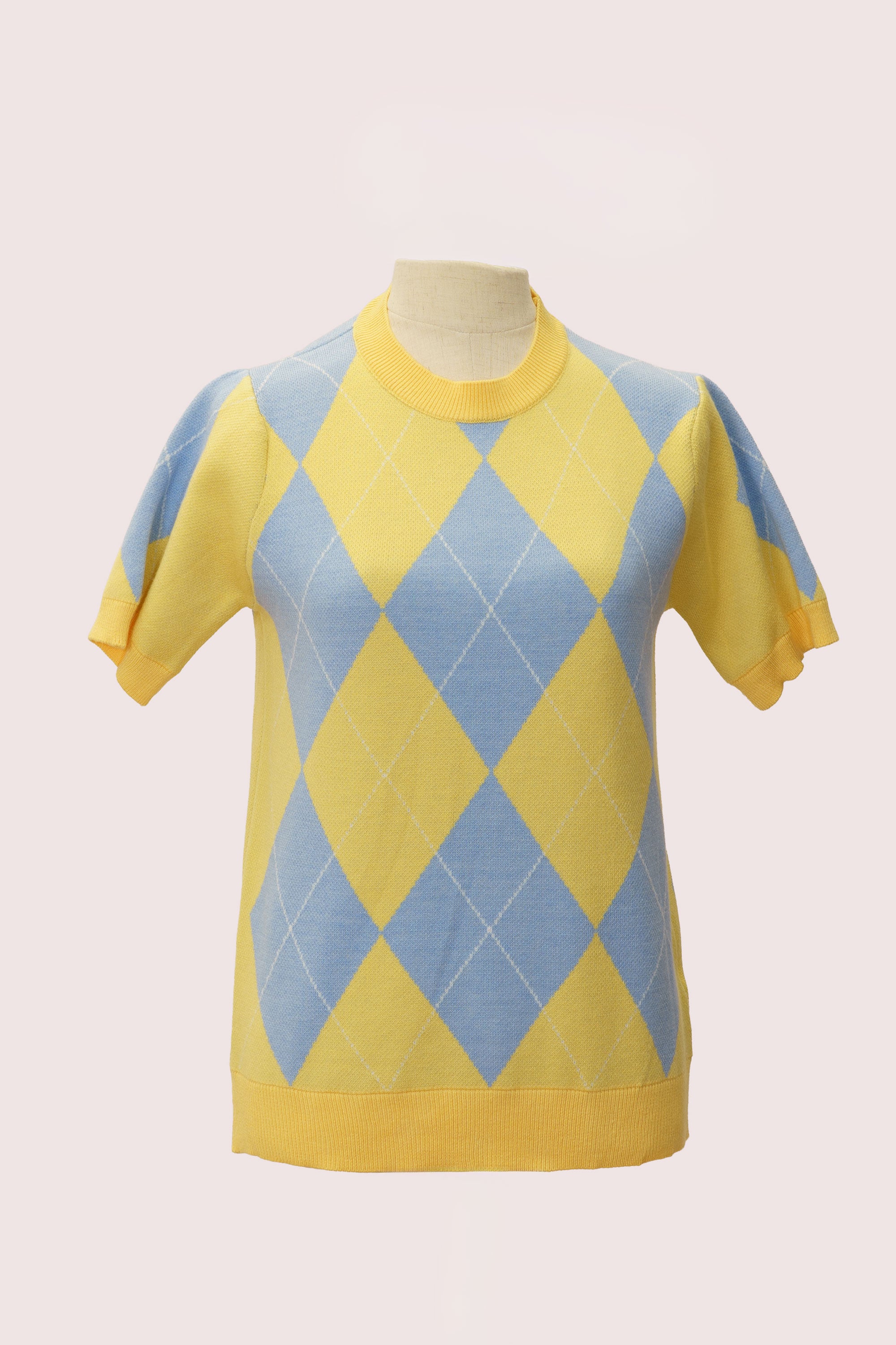 Jersey de punto amarillo y azul con rombos manga corta para mujer