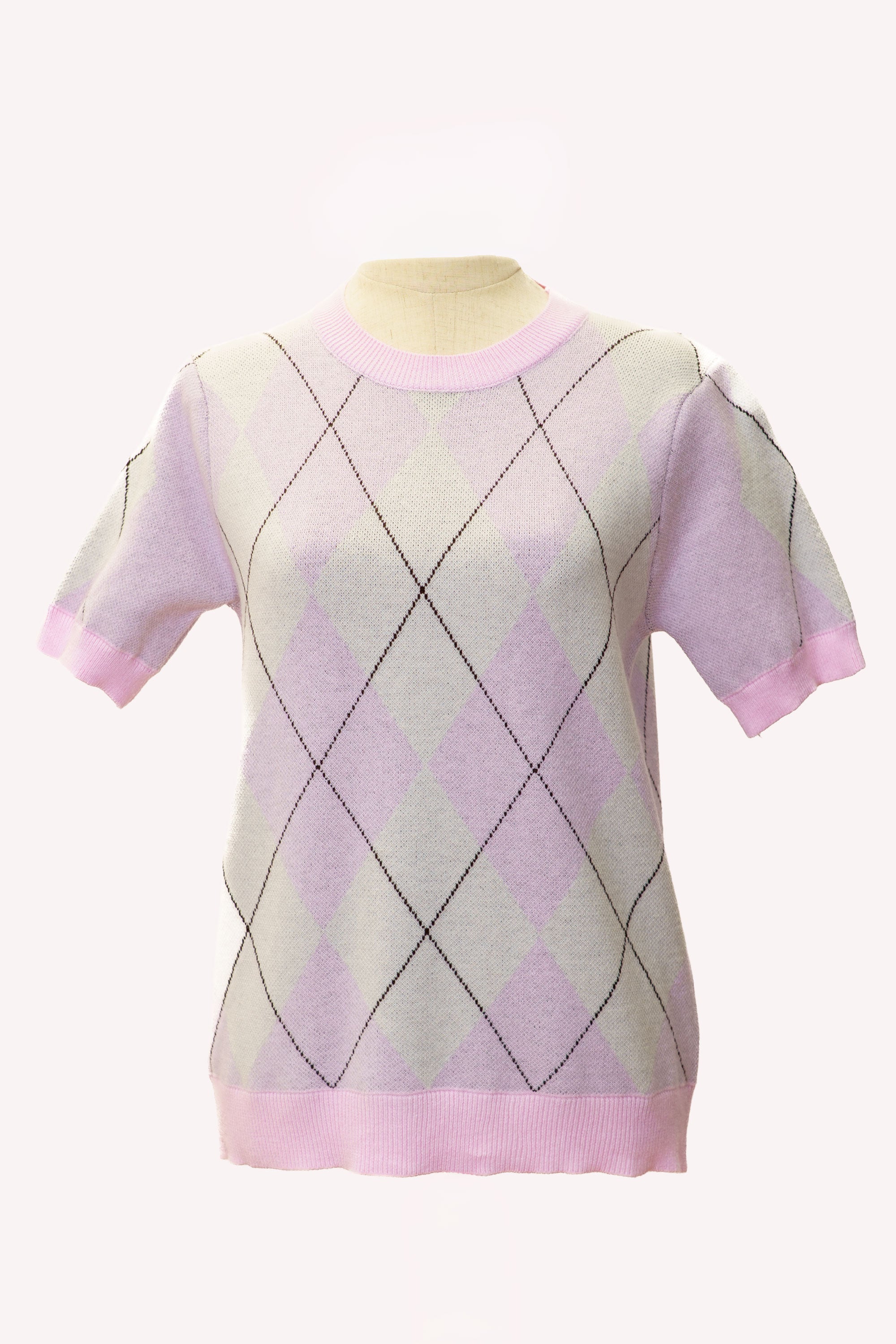 Jersey de punto rosa con rombos blanco manga corta mujer