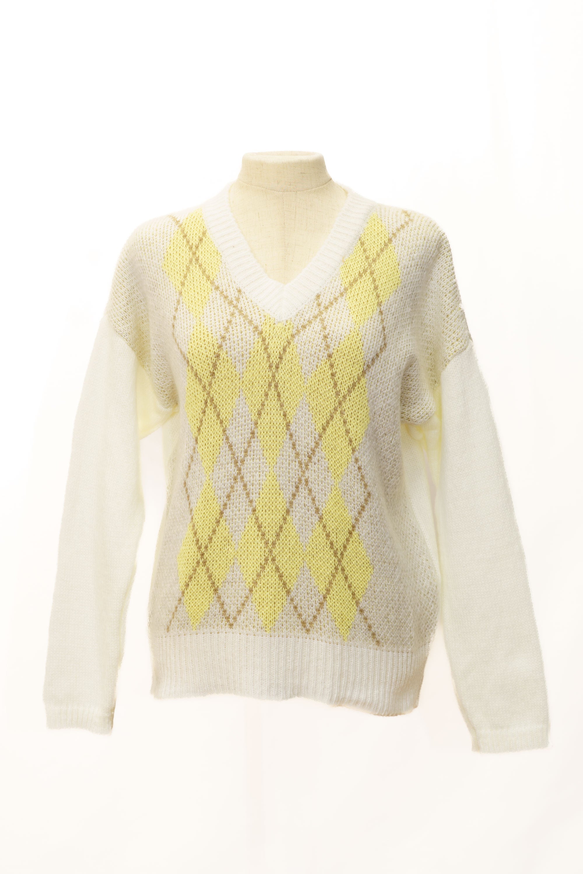 Jersey de punto amarillo y blanco con rombos cuello pico manga larga para mujer