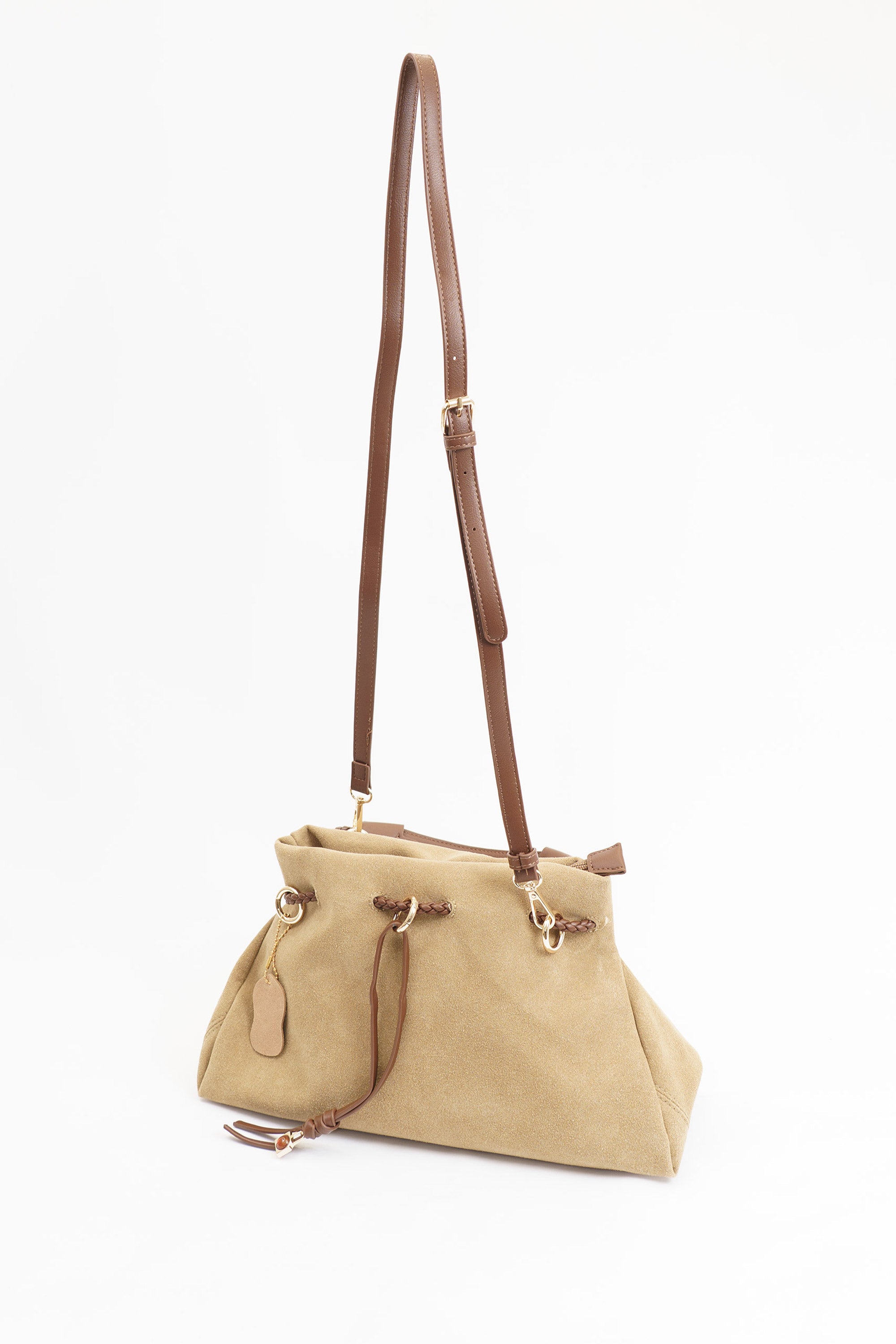 Bolso bandolera camel efecto ante estilo boho con asa ajustable para mujer