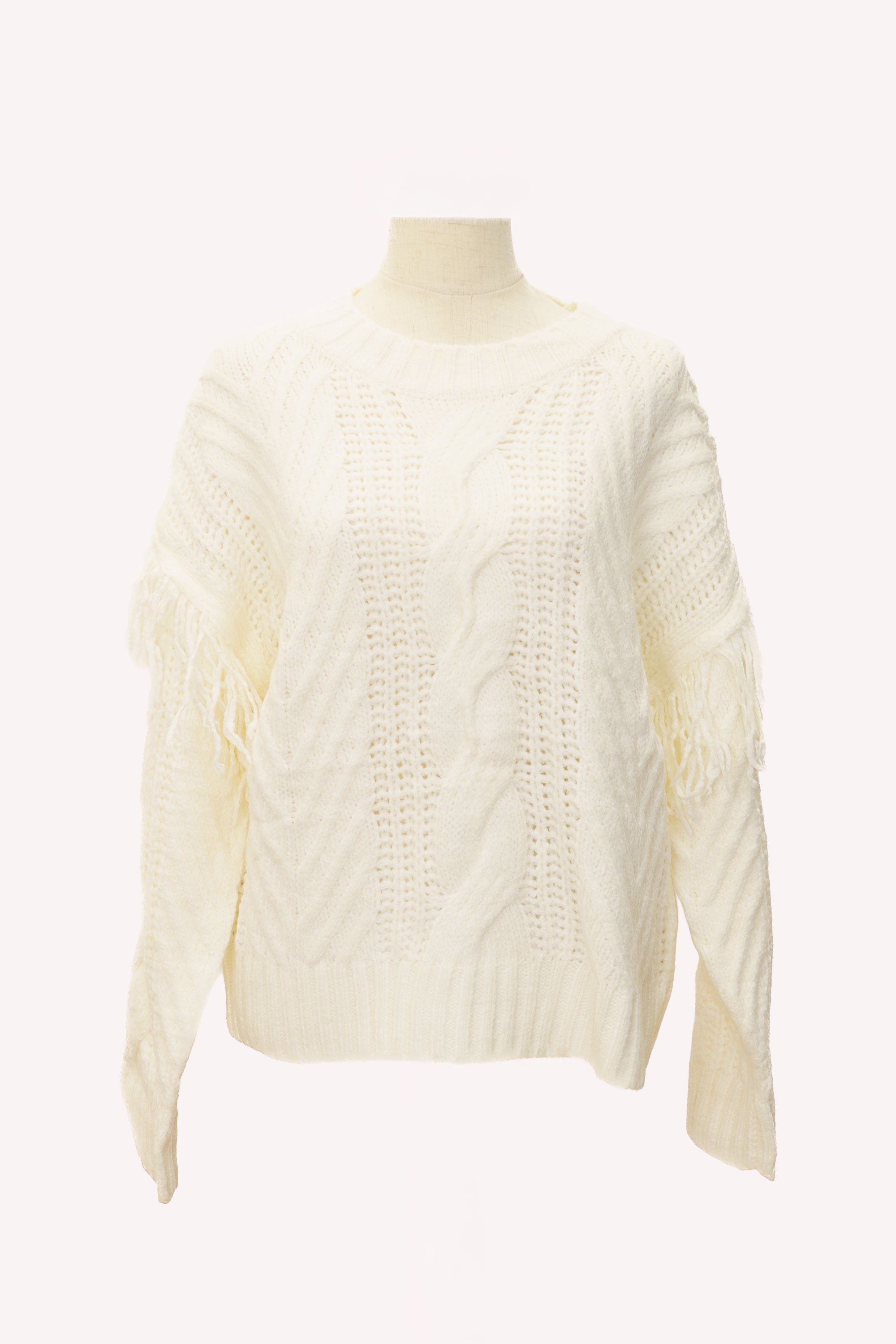 Jersey crema de punto trenzado con flecos manga larga mujer