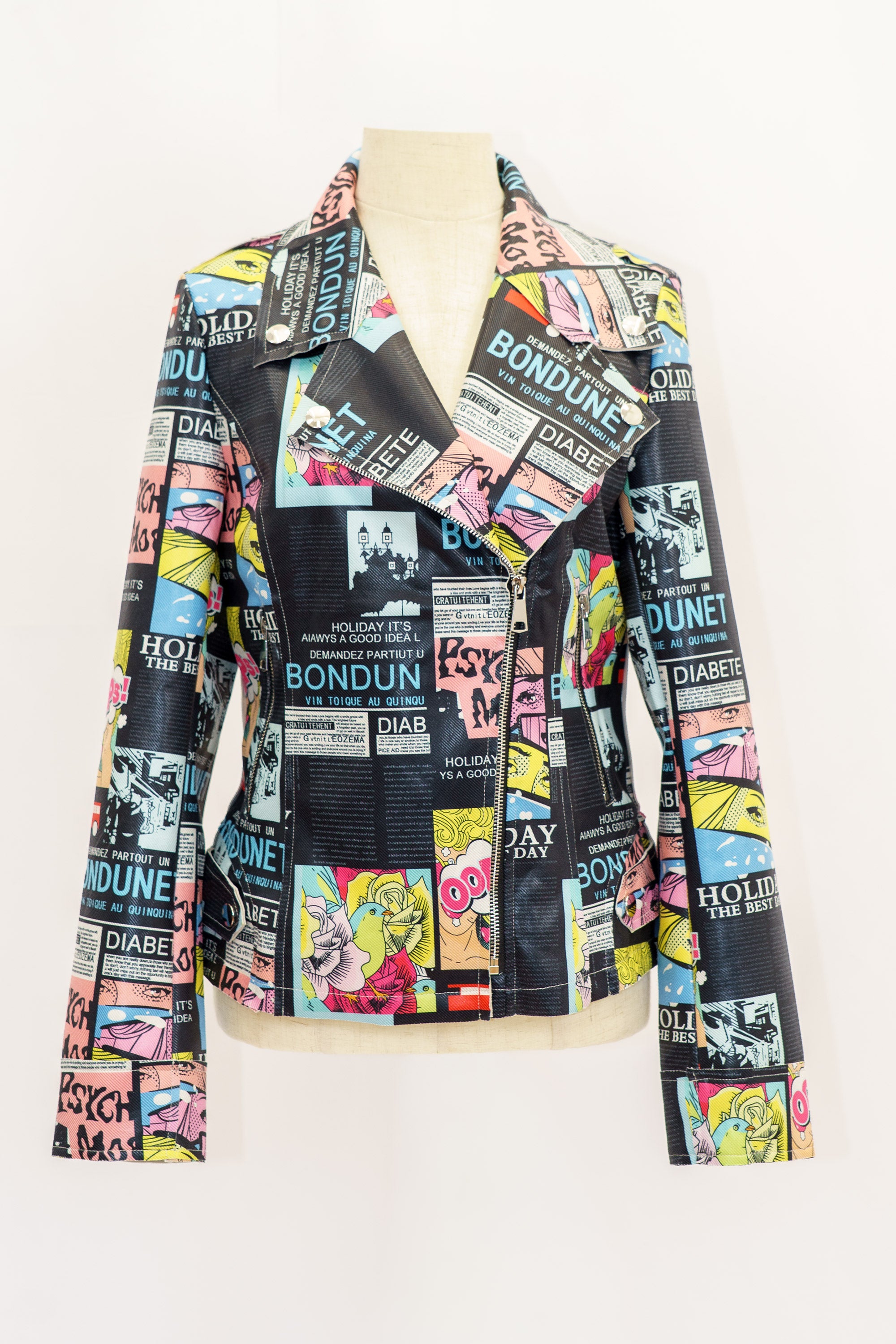 Chaqueta Biker Mujer Estampado Cómic Negro